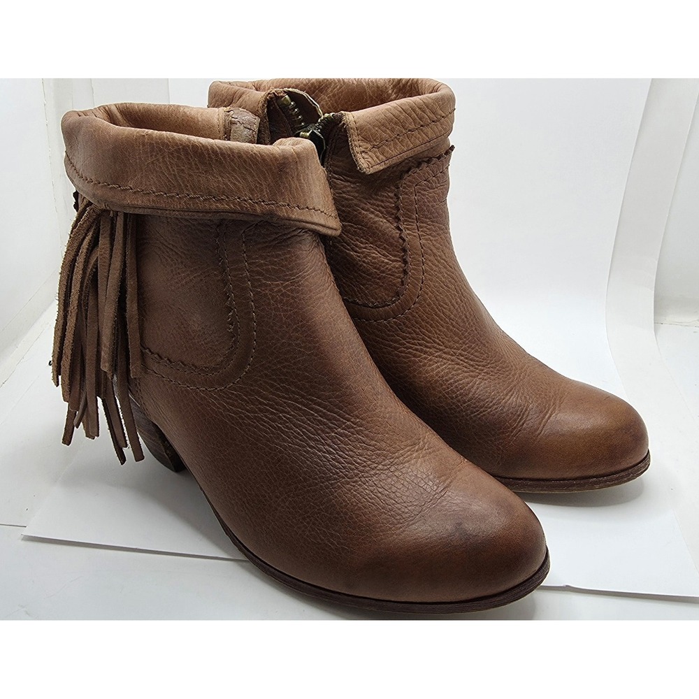Sam Edelman Brown Leather Fringe Ankle Boots Western Booties Side Zip Heel